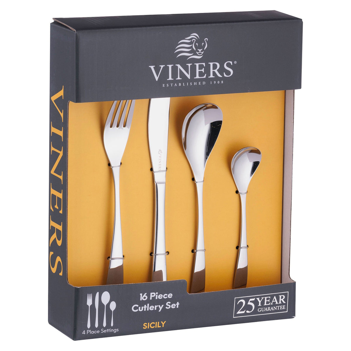Viners Sicily Cutlery Set Chrome Pack of 16 303.197 | Stainless Steel Tableware with 4 Place Settings | Includes 4 x Table Knives | 4 x Table Forks | 4 x Dessert Spoons | 4 x Tea Spoons | Dishwasher Safe | For Daily Use