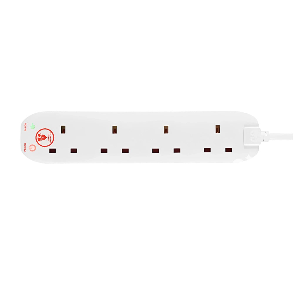 Masterplug 4 Sockets Surge Extension Lead White 13A 4Mtr SRG44N | Â£1000 Connected Equpment Warranty | Surge Protected