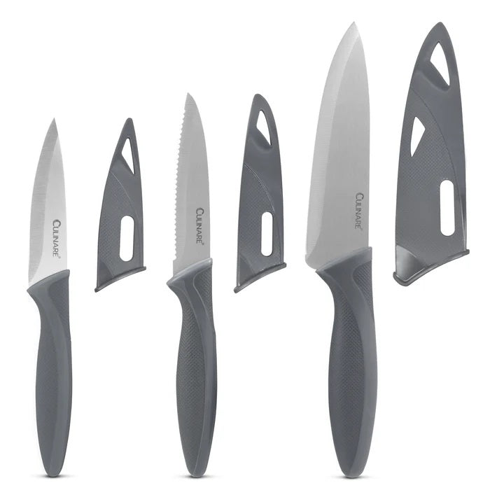 Culinare Kitchen Knife Set Grey Pack of 3 C240602 | Super Sharp Stainless Steel Blades | Comfortable Ergonomic Handles | Protective Blade Covers Included | Ideal for Precision Cutting-Chopping and Slicing | Set Includes 9cm Paring Knife | 10cm Serrated Paring Knife | 14cm Utility Knife