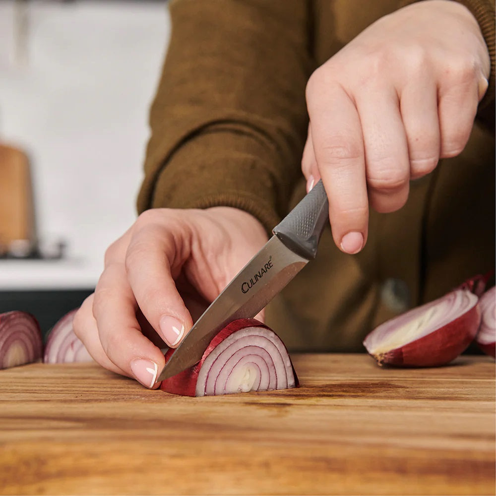 Culinare Kitchen Knife Set Grey Pack of 3 C240602 | Super Sharp Stainless Steel Blades | Comfortable Ergonomic Handles | Protective Blade Covers Included | Ideal for Precision Cutting-Chopping and Slicing | Set Includes 9cm Paring Knife | 10cm Serrated
