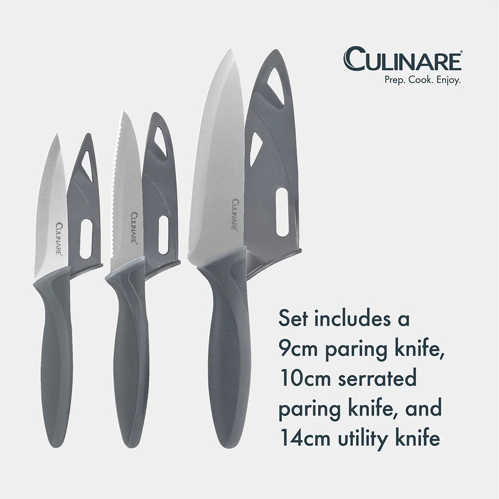 Culinare Kitchen Knife Set Grey Pack of 3 C240602 | Super Sharp Stainless Steel Blades | Comfortable Ergonomic Handles | Protective Blade Covers Included | Ideal for Precision Cutting-Chopping and Slicing | Set Includes 9cm Paring Knife | 10cm Serrated