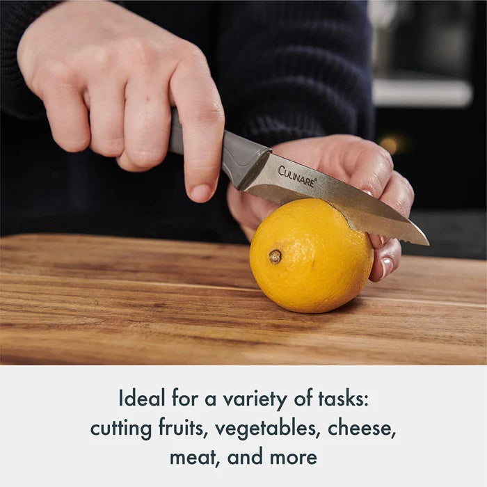 Culinare Kitchen Knife Set Grey Pack of 3 C240602 | Super Sharp Stainless Steel Blades | Comfortable Ergonomic Handles | Protective Blade Covers Included | Ideal for Precision Cutting-Chopping and Slicing | Set Includes 9cm Paring Knife | 10cm Serrated