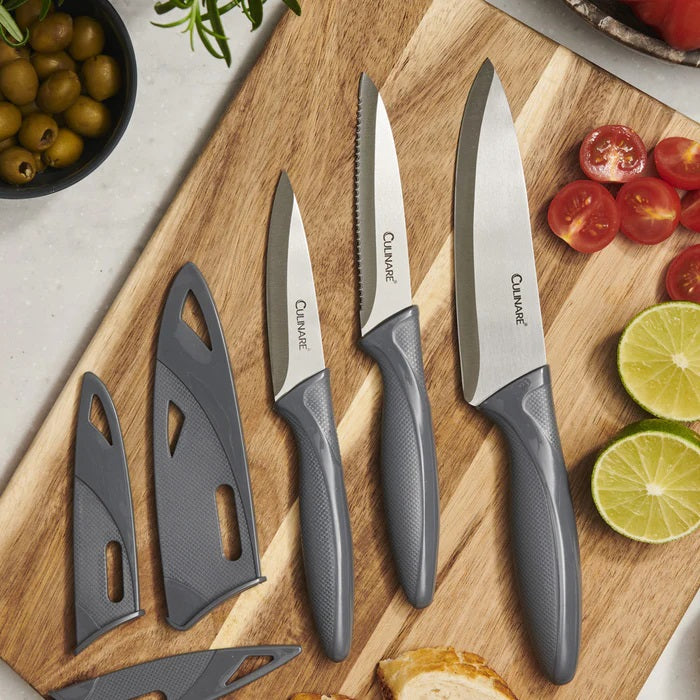 Culinare Kitchen Knife Set Grey Pack of 3 C240602 | Super Sharp Stainless Steel Blades | Comfortable Ergonomic Handles | Protective Blade Covers Included | Ideal for Precision Cutting-Chopping and Slicing | Set Includes 9cm Paring Knife | 10cm Serrated
