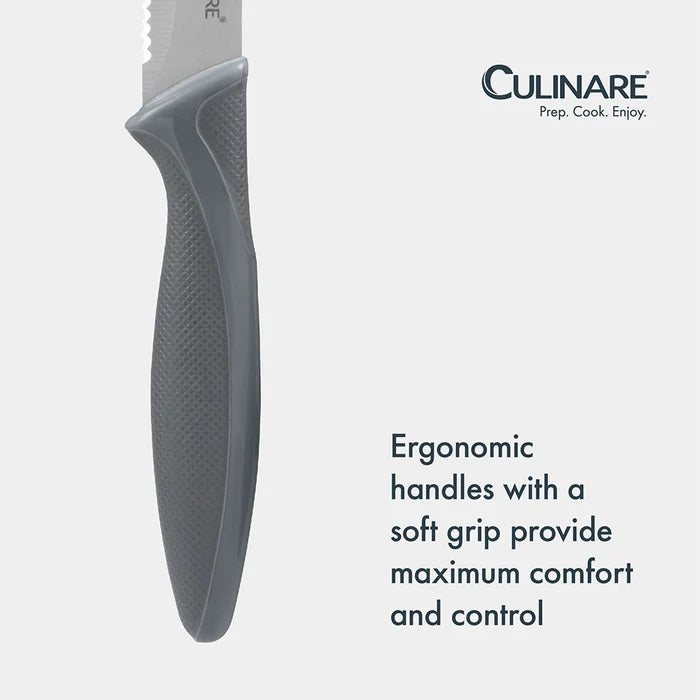 Culinare Kitchen Knife Set Grey Pack of 3 C240602 | Super Sharp Stainless Steel Blades | Comfortable Ergonomic Handles | Protective Blade Covers Included | Ideal for Precision Cutting-Chopping and Slicing | Set Includes 9cm Paring Knife | 10cm Serrated