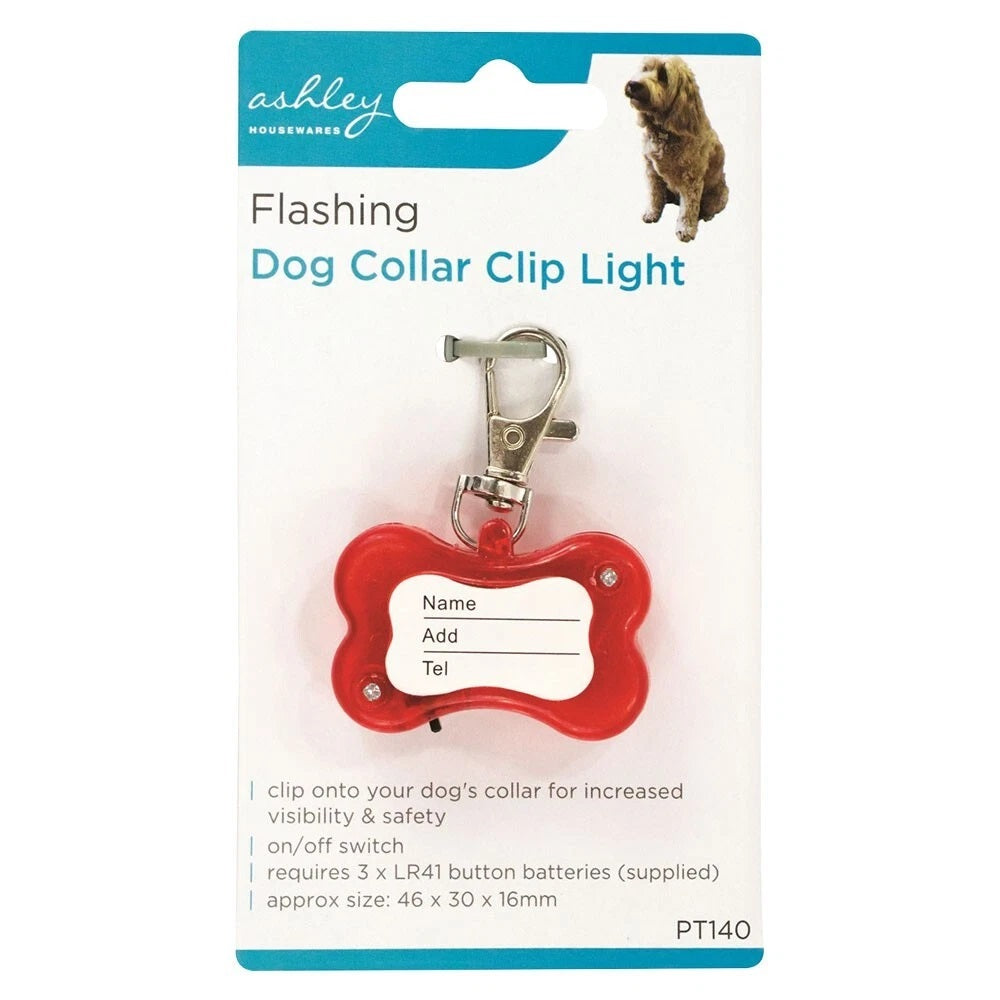 Ashley Housewares Flashing Dog Collar Clip Light Red 46mm x 30mm x 16mm PT140 | Red Bone Design | Increases Pet Visibility and Safety | With On-Off Switch | Includes 3 x LR41 Batteries | Durable and Lightweight | ID Tag Light for Dogs