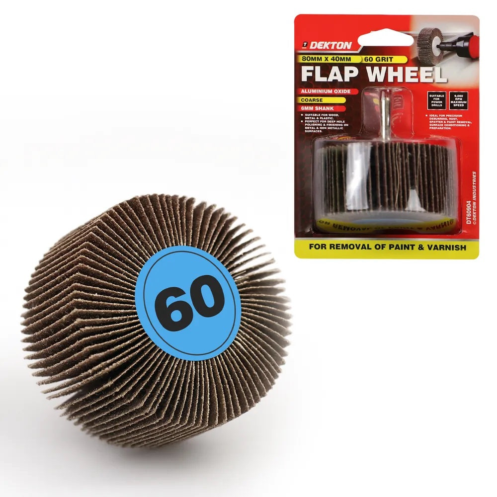Dekton Flap Wheel Silver 80mm x 40mm DT60904 | 60 Grit | Extra Coarse | Aluminium Oxide | With 6mm Shank | For Precision Deburring-Rust-Paint and Varnish Removal | For Wood-Metal and Non-Metallic Surface Preparation | 9000 RPM Maximum Speed