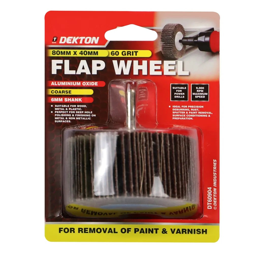 Dekton Flap Wheel Silver 80mm x 40mm DT60904 | 60 Grit | Extra Coarse | Aluminium Oxide | With 6mm Shank | For Precision Deburring-Rust-Paint and Varnish Removal | For Wood-Metal and Non-Metallic Surface Preparation | 9000 RPM Maximum Speed
