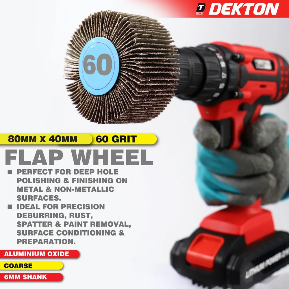 Dekton Flap Wheel Silver 80mm x 40mm DT60904 | 60 Grit | Extra Coarse | Aluminium Oxide | With 6mm Shank | For Precision Deburring-Rust-Paint and Varnish Removal | For Wood-Metal and Non-Metallic Surface Preparation | 9000 RPM Maximum Speed