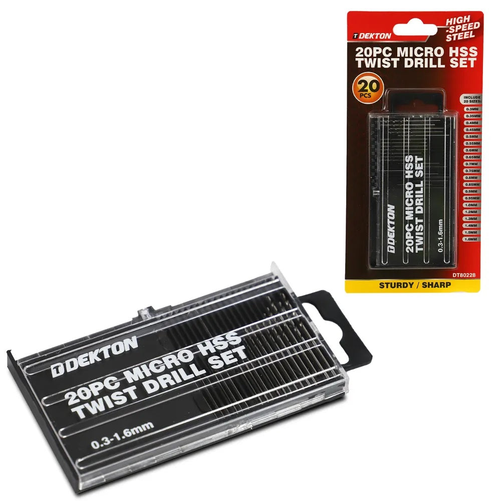 Dekton Micro HSS Twist Drill Bit Set Silver Pack of 20 DT80228 | High Speed Steel | For Electronics-Jewelry-Crafts-Veneer and Watch Making | Sizes 0.3mm to 1.6mm with Storage Case | Sturdy-Sharp | Easy to Store | Good Wear Resistance and Durability