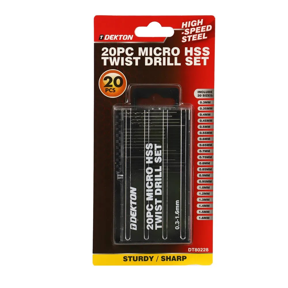 Dekton Micro HSS Twist Drill Bit Set Silver Pack of 20 DT80228 | High Speed Steel | For Electronics-Jewelry-Crafts-Veneer and Watch Making | Sizes 0.3mm to 1.6mm with Storage Case | Sturdy-Sharp | Easy to Store | Good Wear Resistance and Durability