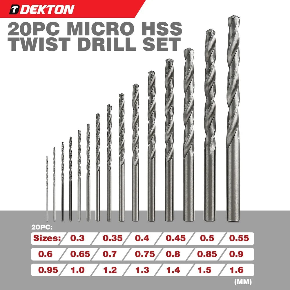 Dekton Micro HSS Twist Drill Bit Set Silver Pack of 20 DT80228 | High Speed Steel | For Electronics-Jewelry-Crafts-Veneer and Watch Making | Sizes 0.3mm to 1.6mm with Storage Case | Sturdy-Sharp | Easy to Store | Good Wear Resistance and Durability