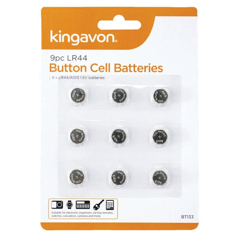 Kingavon LR44 Button Cell Batteries Chrome Pack of 9 BT133 | 1.5V AG13 Alkaline Batteries | For Watches-Calculators-Cameras-Toys and Key Remotes