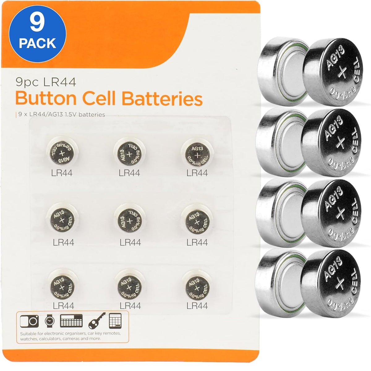 Kingavon LR44 Button Cell Batteries Chrome Pack of 9 BT133 | 1.5V AG13 Alkaline Batteries | For Watches-Calculators-Cameras-Toys and Key Remotes