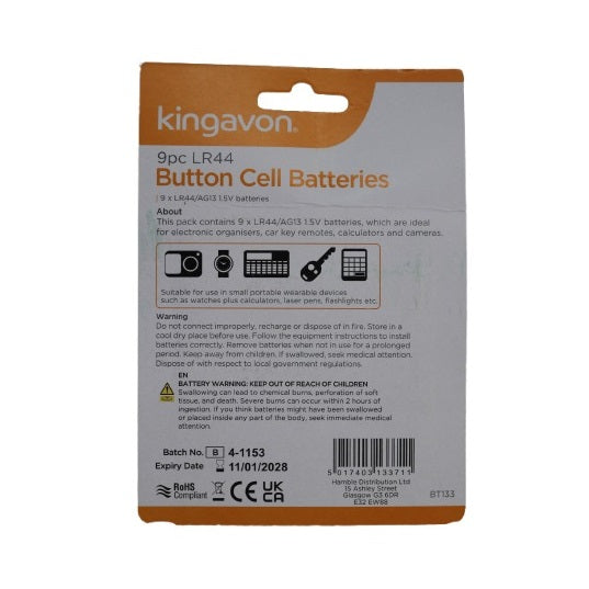 Kingavon LR44 Button Cell Batteries Chrome Pack of 9 BT133 | 1.5V AG13 Alkaline Batteries | For Watches-Calculators-Cameras-Toys and Key Remotes