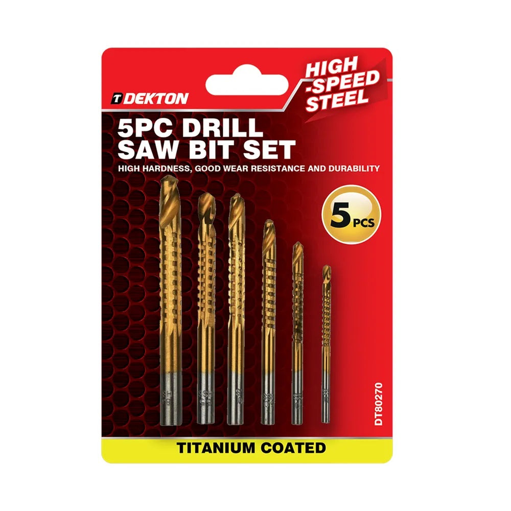 Dekton Titanium Coated Drill Saw Bit Set Silver and Gold Pack of 5 DT80270 | High Speed Steel | Multi-Function Bits | For Wood-Plastic and Plank Cutting | Sizes 3mm to 8mm | High Hardness | Good Wear Resistance and Durability