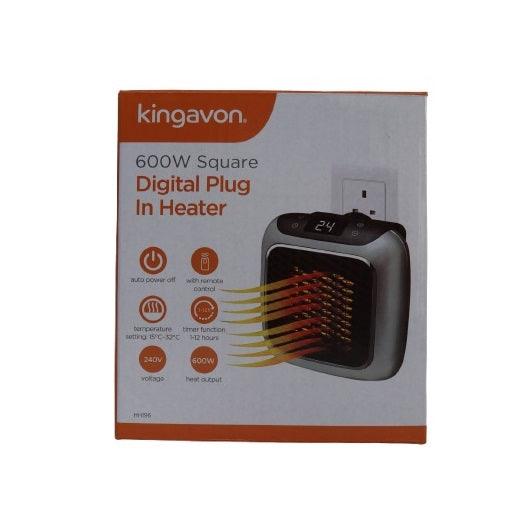 Kingavon Square Digital Plug In Heater Black and Grey HH196 | 600W | Portable Mini Wall Heater | With Remote Control | Adjustable Temperature 15 Degree C to 32 Degree C | 12Hr Adjustable Timer | Auto Power Off | 240V Compact Home Heater | LED Digital