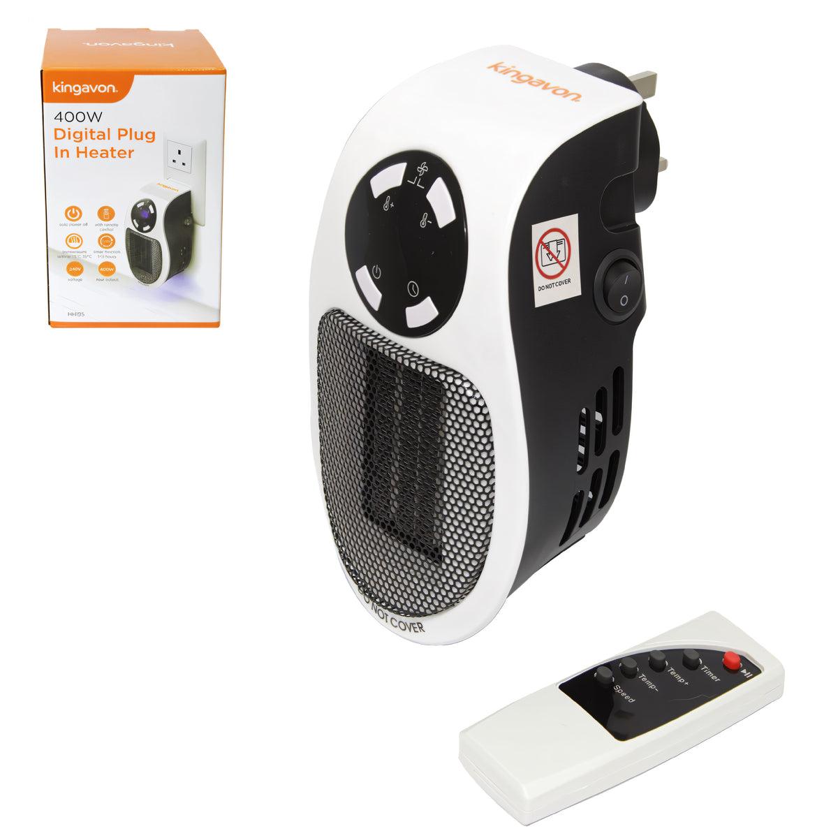 Kingavon Digital Plug in Heater Black and White 240V 400W HH195 | Auto Power Off | with Remote Control | Temperature Setting 15-32 Degree Celsius | Timer Function 1-12 Hours | LED Digital Display | Overheat Protection