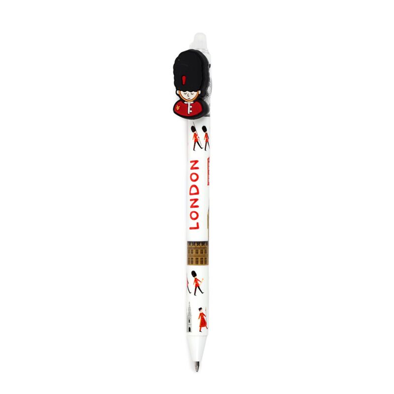 Puckator London Souvenir Erasable Pen with PVC Topper Multicoloured PEN287 | Ink Colour Blue | Pen with British Guard and Landmark Design | Made from Plastic-PVC-Silicone and Stainless Steel