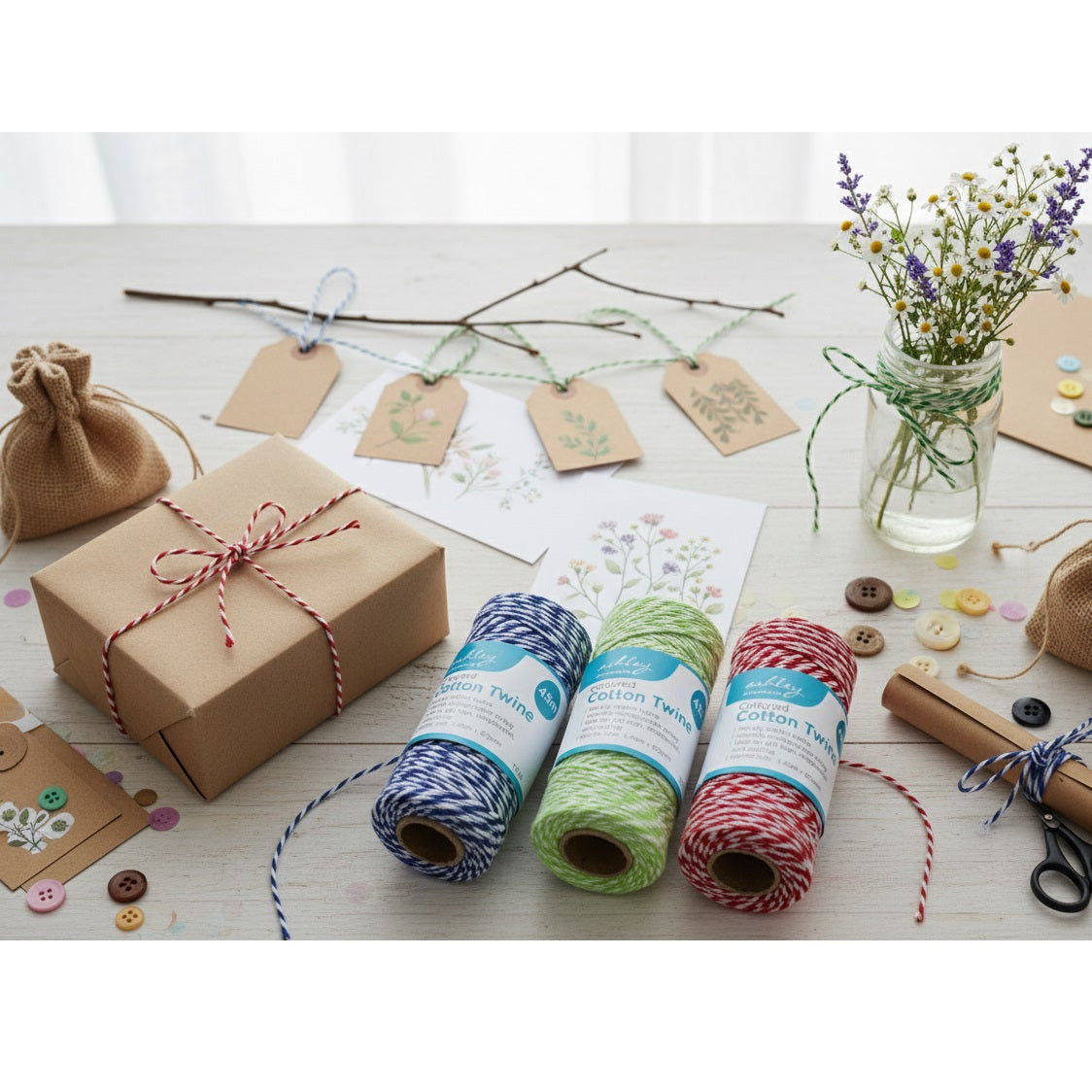 Ashley Housewares Coloured Cotton Twine Assorted Colours L45Mtr x 2mm  Pack of 1 TT106 | Two Ply Cotton Twine | Versatile Multipurpose String | Ideal for Gift Tags - Scrapbooks and Crafting