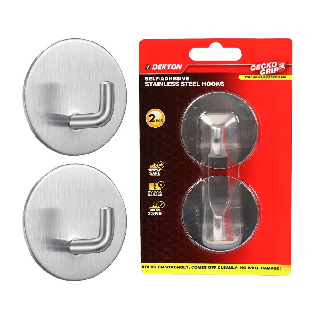 Dekton Self-Adhesive Stainless Steel Hooks Chrome 50mm x 50mm Pack of 2 DH04032 | Strong as a Gecko Grip | Holds 2.5kg | Rust-Proof | For Kitchen-Bathroom and Office | Easy Apply | Rental Safe - Perfect for Tenants | No Wall Damage | Comess Off Cleanly | For All Kind of Wet Environment