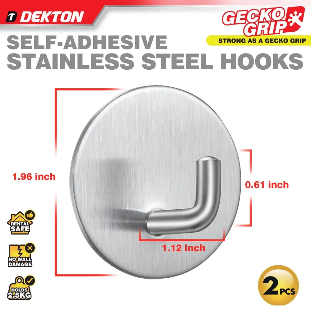 Dekton Self-Adhesive Stainless Steel Hooks Chrome 50mm x 50mm Pack of 2 DH04032 | Strong as a Gecko Grip | Holds 2.5kg | Rust-Proof | For Kitchen-Bathroom and Office | Easy Apply | Rental Safe - Perfect for Tenants | No Wall Damage | Comess Off Cleanly