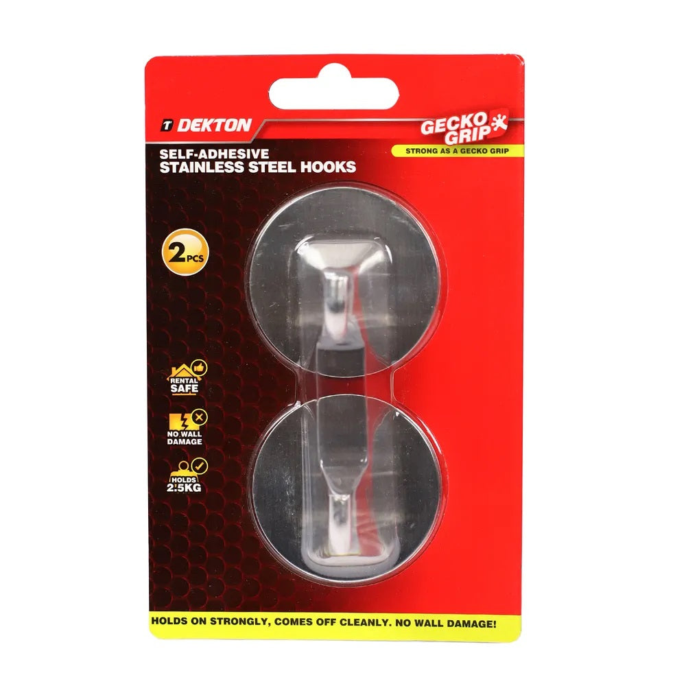 Dekton Self-Adhesive Stainless Steel Hooks Chrome 50mm x 50mm Pack of 2 DH04032 | Strong as a Gecko Grip | Holds 2.5kg | Rust-Proof | For Kitchen-Bathroom and Office | Easy Apply | Rental Safe - Perfect for Tenants | No Wall Damage | Comess Off Cleanly