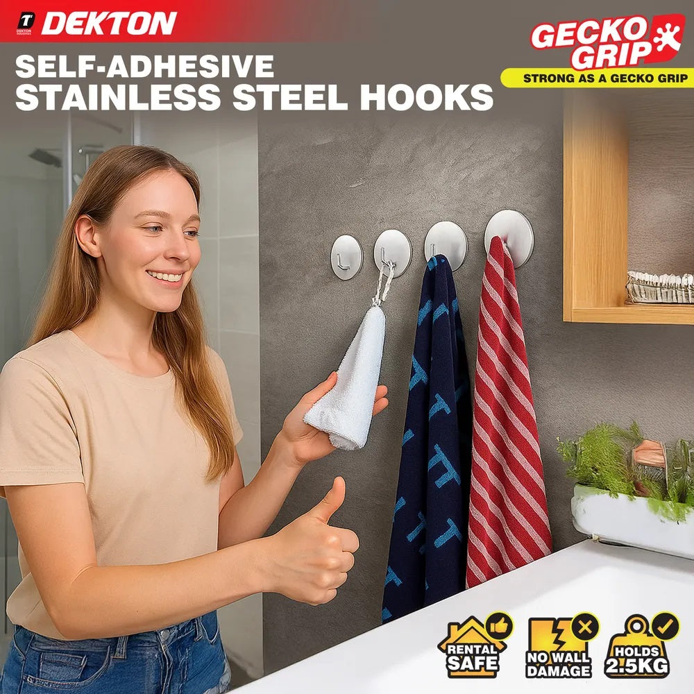 Dekton Self-Adhesive Stainless Steel Hooks Chrome 50mm x 50mm Pack of 2 DH04032 | Strong as a Gecko Grip | Holds 2.5kg | Rust-Proof | For Kitchen-Bathroom and Office | Easy Apply | Rental Safe - Perfect for Tenants | No Wall Damage | Comess Off Cleanly