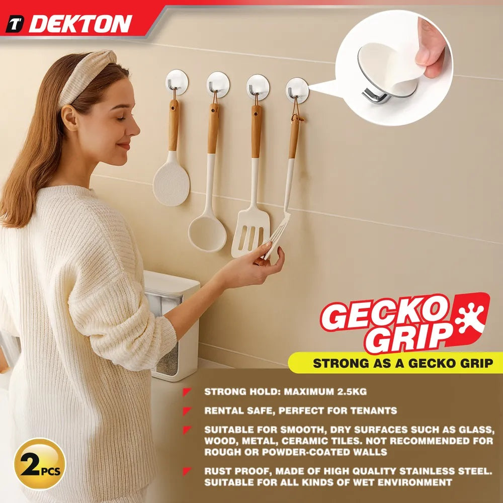 Dekton Self-Adhesive Stainless Steel Hooks Chrome 50mm x 50mm Pack of 2 DH04032 | Strong as a Gecko Grip | Holds 2.5kg | Rust-Proof | For Kitchen-Bathroom and Office | Easy Apply | Rental Safe - Perfect for Tenants | No Wall Damage | Comess Off Cleanly