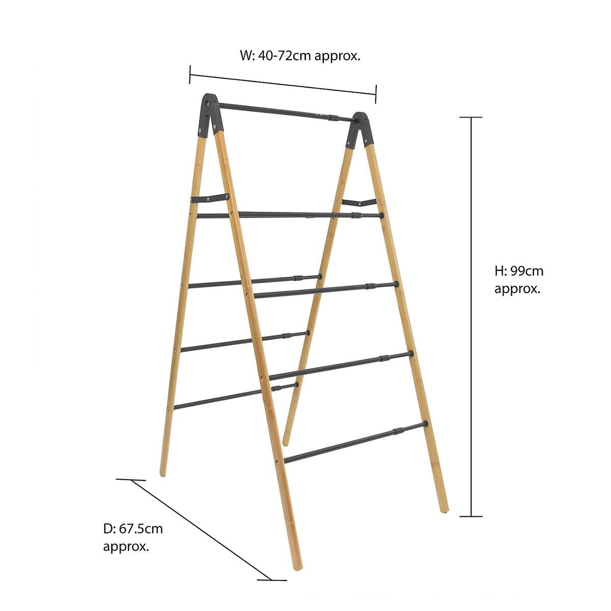 JVL Bamboo Extendable 4 Tier Clothes Drying Rack Brown and Black 11-075 | Compact Foldable Airer | With 6Mtr Drying Space | Holds 4Kg | Adjustable Concertina Ladder Design | For Indoor and Outdoor Use | Durable and Lightweight | Telescopic Mechanism