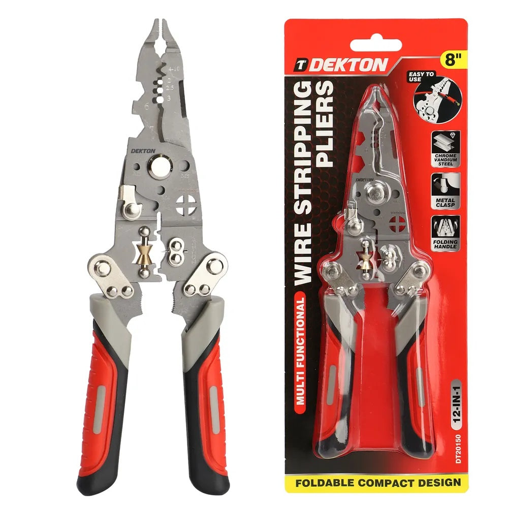 Dekton Multi Functional 12-in-1 Wire Stripping Pliers Multicoloured DT20150 | Foldable Compact Design | Electrical Tool with Rubber-Coated Handle | Folding Handle | Metal Clasp | Chrome Vandium Steel | Easy to Use | Excellent Wear and Corrosion Resistance | Safe and Reliable | For Wire Stripping-Cutting-Shearing-Crimping-Screw Removal and More