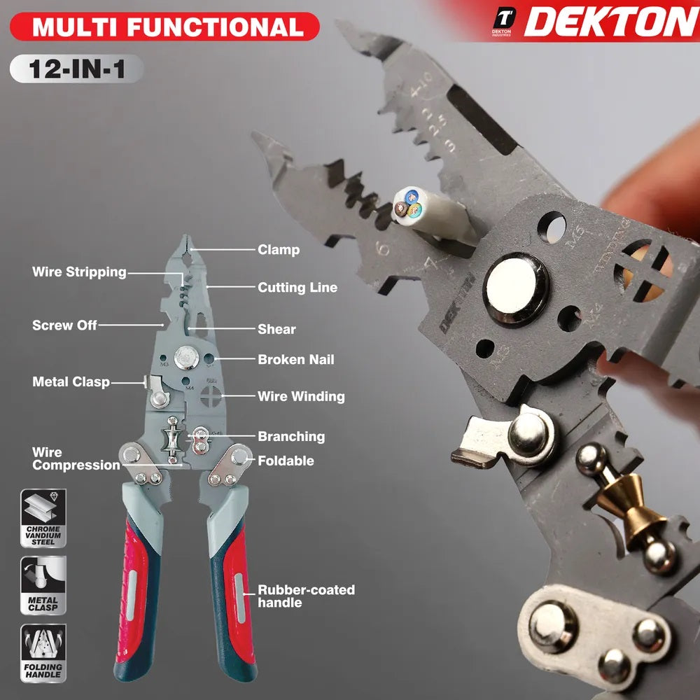 Dekton Multi Functional 12-in-1 Wire Stripping Pliers Multicoloured DT20150 | Foldable Compact Design | Electrical Tool with Rubber-Coated Handle | Folding Handle | Metal Clasp | Chrome Vandium Steel | Easy to Use | Excellent Wear and Corrosion