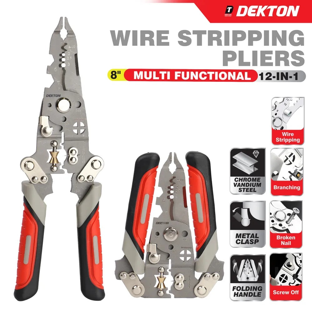 Dekton Multi Functional 12-in-1 Wire Stripping Pliers Multicoloured DT20150 | Foldable Compact Design | Electrical Tool with Rubber-Coated Handle | Folding Handle | Metal Clasp | Chrome Vandium Steel | Easy to Use | Excellent Wear and Corrosion