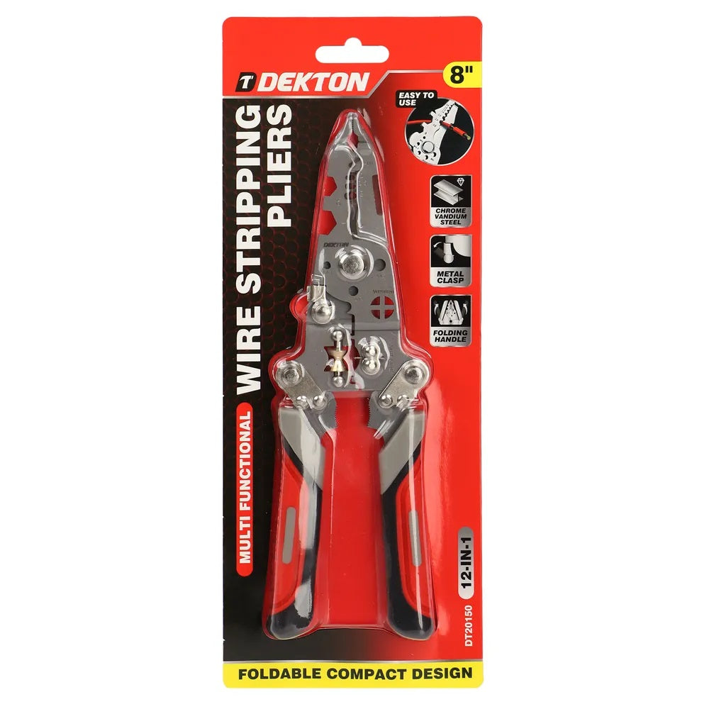 Dekton Multi Functional 12-in-1 Wire Stripping Pliers Multicoloured DT20150 | Foldable Compact Design | Electrical Tool with Rubber-Coated Handle | Folding Handle | Metal Clasp | Chrome Vandium Steel | Easy to Use | Excellent Wear and Corrosion