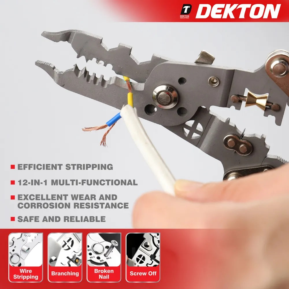 Dekton Multi Functional 12-in-1 Wire Stripping Pliers Multicoloured DT20150 | Foldable Compact Design | Electrical Tool with Rubber-Coated Handle | Folding Handle | Metal Clasp | Chrome Vandium Steel | Easy to Use | Excellent Wear and Corrosion