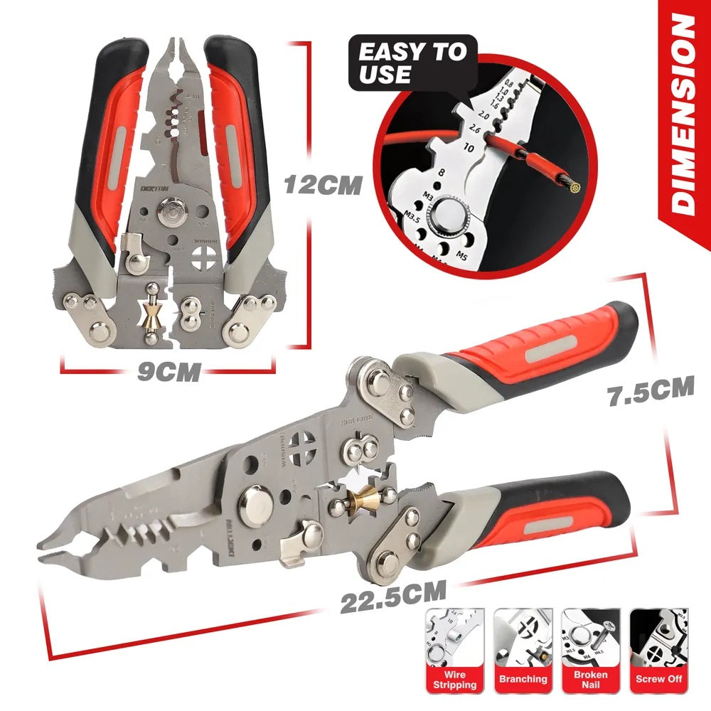 Dekton Multi Functional 12-in-1 Wire Stripping Pliers Multicoloured DT20150 | Foldable Compact Design | Electrical Tool with Rubber-Coated Handle | Folding Handle | Metal Clasp | Chrome Vandium Steel | Easy to Use | Excellent Wear and Corrosion