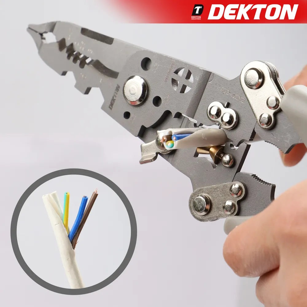Dekton Multi Functional 12-in-1 Wire Stripping Pliers Multicoloured DT20150 | Foldable Compact Design | Electrical Tool with Rubber-Coated Handle | Folding Handle | Metal Clasp | Chrome Vandium Steel | Easy to Use | Excellent Wear and Corrosion