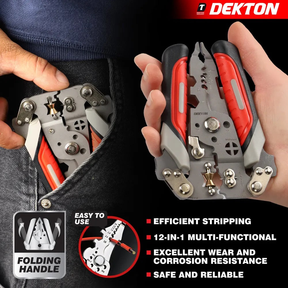 Dekton Multi Functional 12-in-1 Wire Stripping Pliers Multicoloured DT20150 | Foldable Compact Design | Electrical Tool with Rubber-Coated Handle | Folding Handle | Metal Clasp | Chrome Vandium Steel | Easy to Use | Excellent Wear and Corrosion