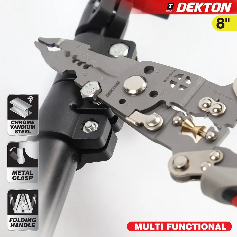 Dekton Multi Functional 12-in-1 Wire Stripping Pliers Multicoloured DT20150 | Foldable Compact Design | Electrical Tool with Rubber-Coated Handle | Folding Handle | Metal Clasp | Chrome Vandium Steel | Easy to Use | Excellent Wear and Corrosion