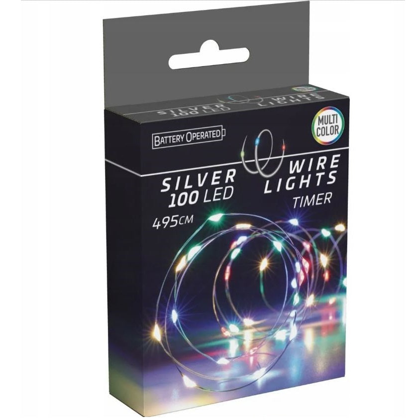Battery Operated Silver Wire 100 LED Lights Multicoloured 495cm AX9732130