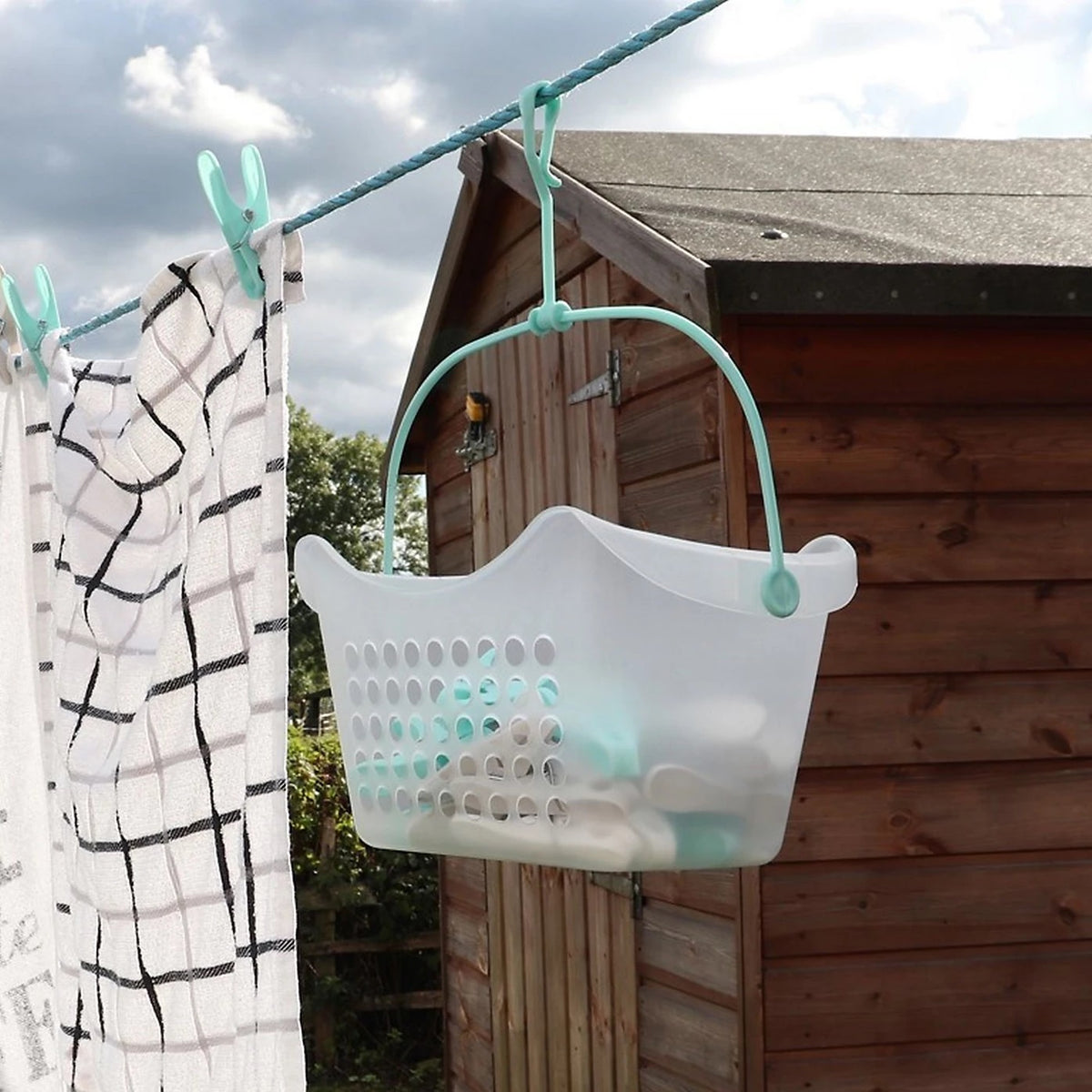 JVL Peg Storage Basket with Hanger  Aqua 23cm x 15.5cm x 13cm 19-216 | Durable Plastic | Weather Resistant | Basket Hangs from Washing Lines