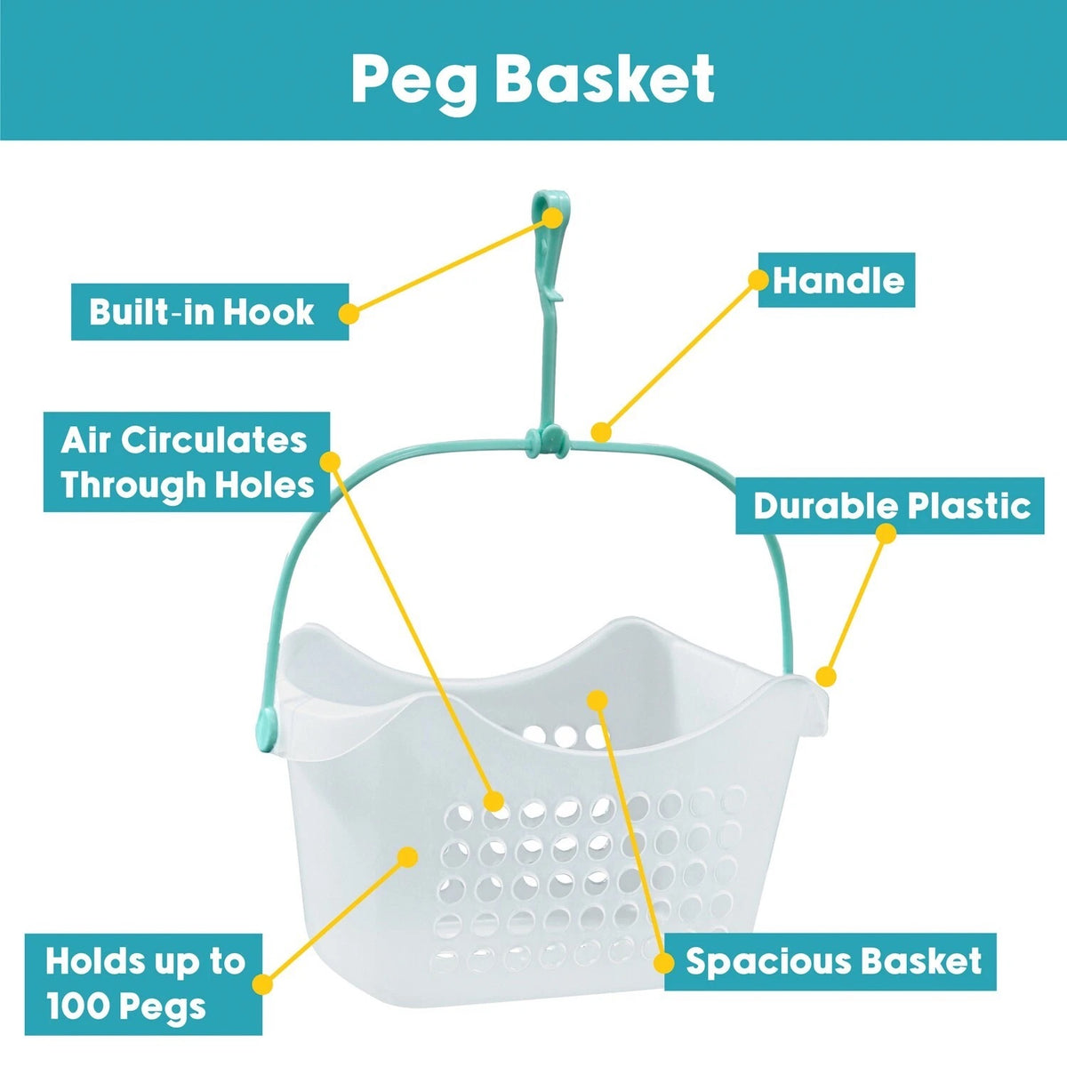 JVL Peg Storage Basket with Hanger  Aqua 23cm x 15.5cm x 13cm 19-216 | Durable Plastic | Weather Resistant | Basket Hangs from Washing Lines