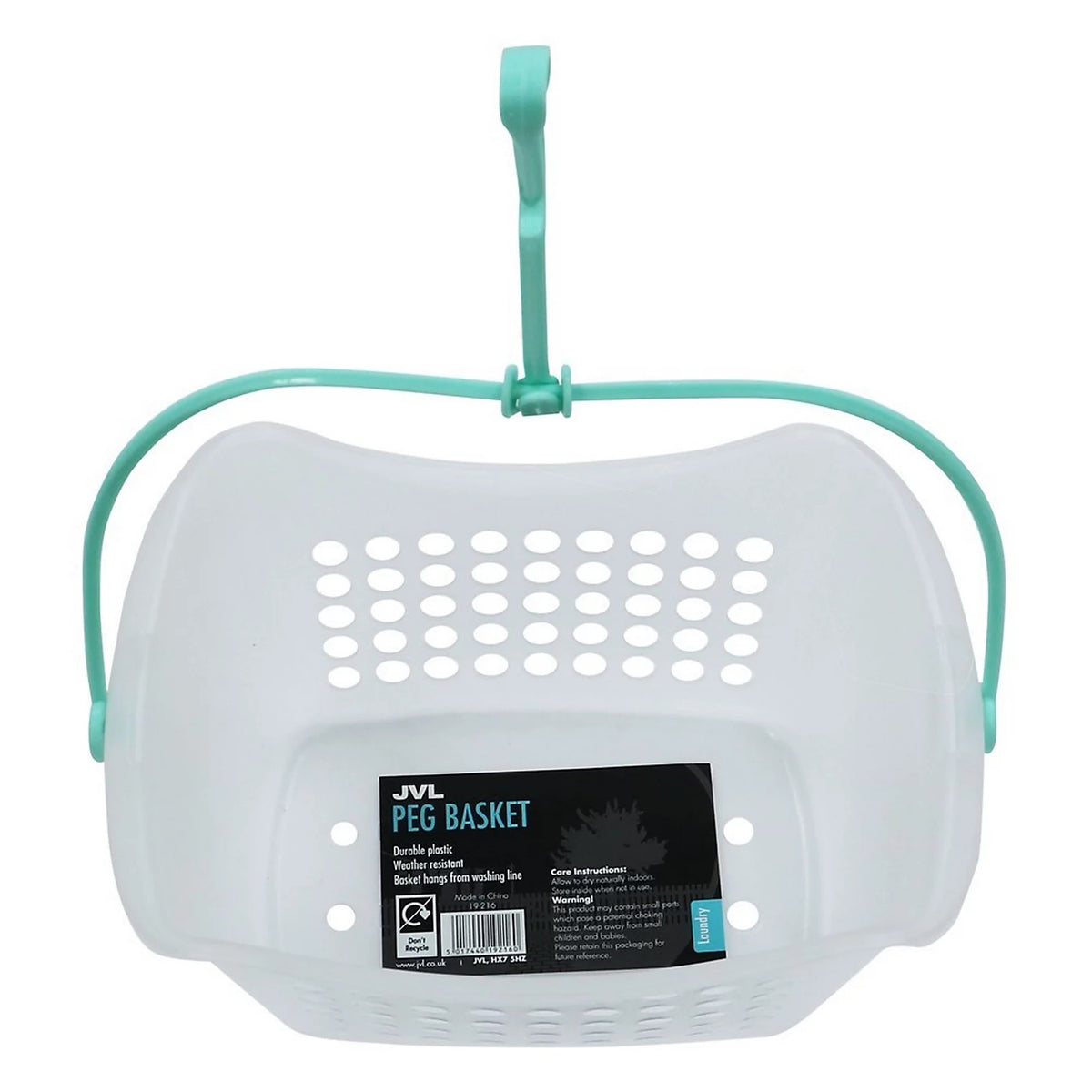 JVL Peg Storage Basket with Hanger  Aqua 23cm x 15.5cm x 13cm 19-216 | Durable Plastic | Weather Resistant | Basket Hangs from Washing Lines