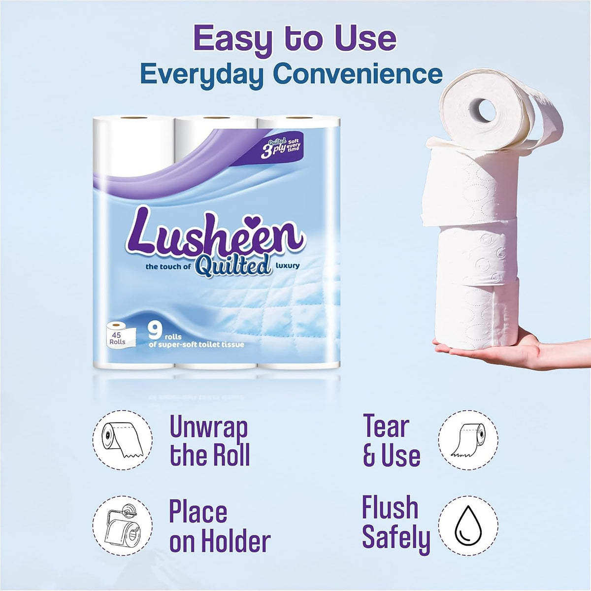 Lusheen Quilted 3-Ply Toilet Tissue White Pack of 45 Rolls 1000173 | Super Soft and Strong Luxury Bathroom Tissue | Eco-Friendly Paper