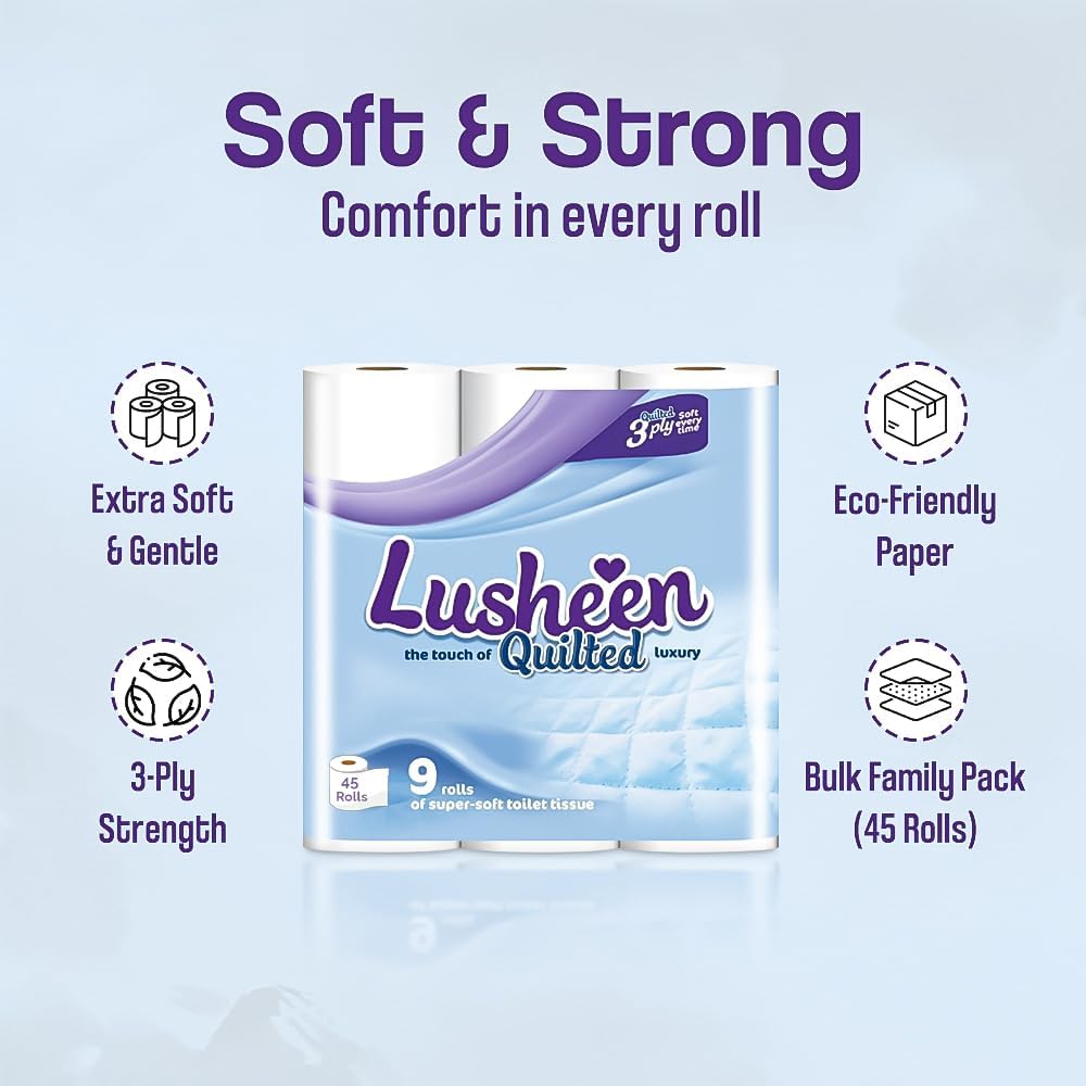 Lusheen Quilted 3-Ply Toilet Tissue White Pack of 45 Rolls 1000173 | Super Soft and Strong Luxury Bathroom Tissue | Eco-Friendly Paper