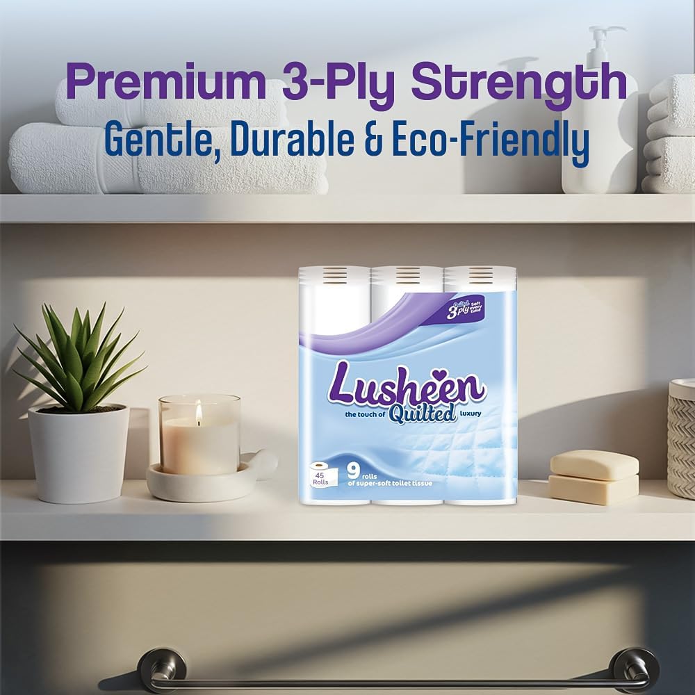 Lusheen Quilted 3-Ply Toilet Tissue White Pack of 45 Rolls 1000173 | Super Soft and Strong Luxury Bathroom Tissue | Eco-Friendly Paper