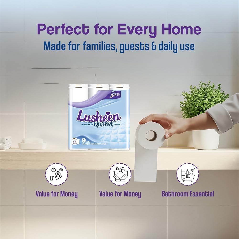 Lusheen Quilted 3-Ply Toilet Tissue White Pack of 45 Rolls 1000173 | Super Soft and Strong Luxury Bathroom Tissue | Eco-Friendly Paper
