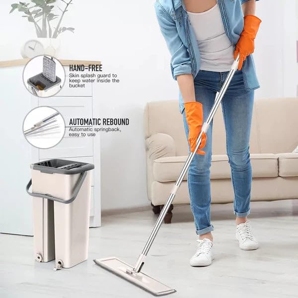 Ashley Housewares Flat Mop and Bucket Set Cream 19cm x 16cm x 35cm WM250 | 2 in 1 Cleaning and Drying Mop | 6Ltr Capacity | Durable PP Material | Stainless Steel Handle | Twin Wash and Dry Compartments | Easy Floor Cleaning | For Home and Office | Rotatable Head | Two Mop Heads Included | Drainage Holes | Mop Size - 11cm x 32cm x 119cm