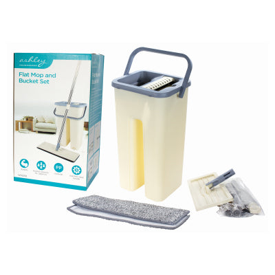 Ashley Housewares Flat Mop and Bucket Set Cream 19cm x 16cm x 35cm WM250 | 2 in 1 Cleaning and Drying Mop | 6Ltr Capacity | Durable PP Material | Stainless Steel Handle | Twin Wash and Dry Compartments | Easy Floor Cleaning | For Home and Office