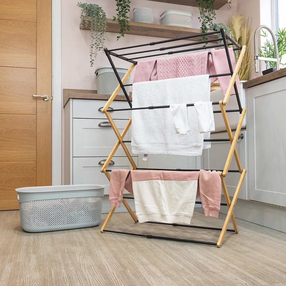 JVL Bamboo Extendable 3 Tier Clothes Drying Rack H107 x W43-74.5cm x D37cm Brown and Black 11-076 | Compact Foldable Airer | With 8Mtr Drying Space | Stylish Bamboo Frame | Adjustable Concertina Ladder Design | For Indoor and Outdoor Use | Durable and Lightweight | Telescopic Mechanism Extends and Contracts | For Everyday Laundry Essentials