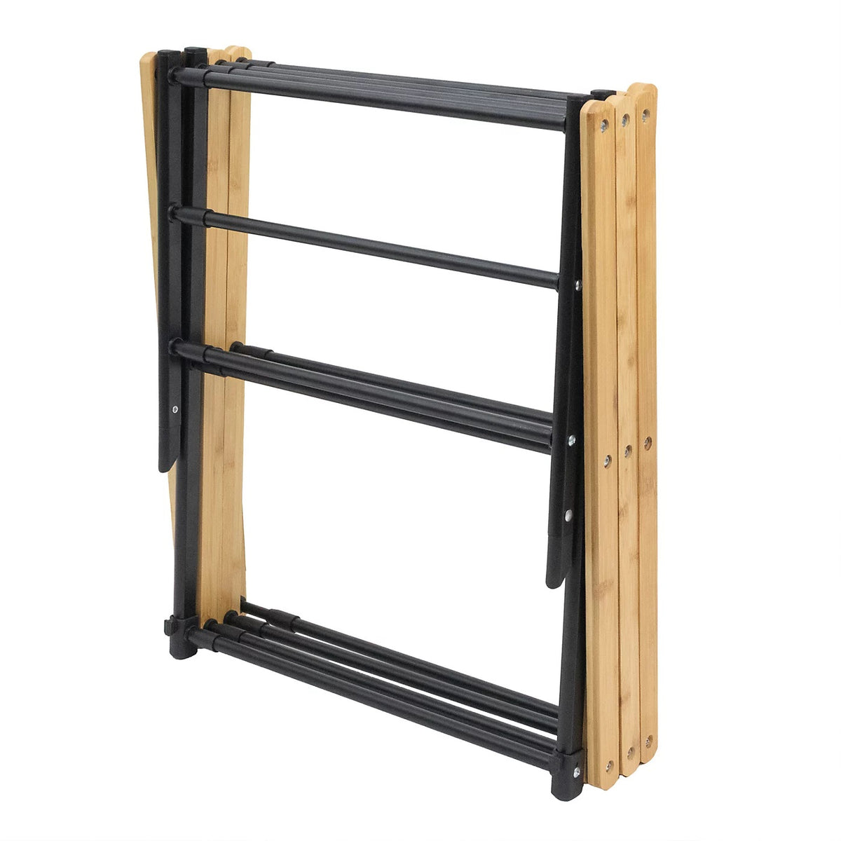 JVL Bamboo Extendable 3 Tier Clothes Drying Rack H107 x W43-74.5cm x D37cm Brown and Black 11-076 | Compact Foldable Airer | With 8Mtr Drying Space | Stylish Bamboo Frame | Adjustable Concertina Ladder Design | For Indoor and Outdoor Use | Durable and